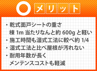 メリット・乾式面戸シートの重さ 棟1m当たりなんと約600gと軽い・施工時間も湿式工法に較べ約1/4・湿式工法と比べ屋根が汚れない・耐用年数が長くメンテンスコストも軽減