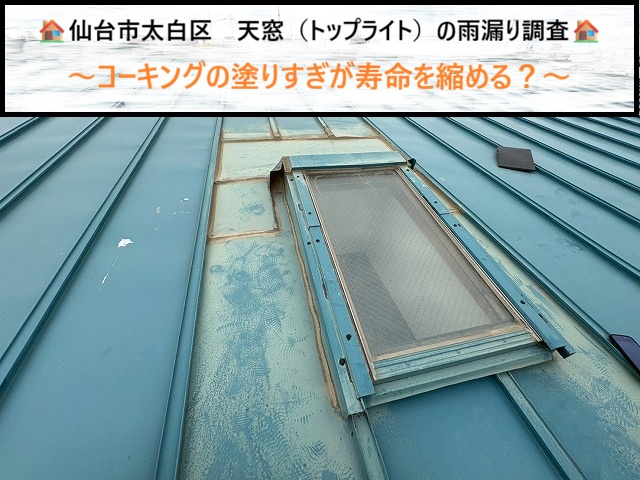 仙台市太白区　天窓（トップライト）の雨漏り調査　コーキングの塗りすぎが寿命を縮める？