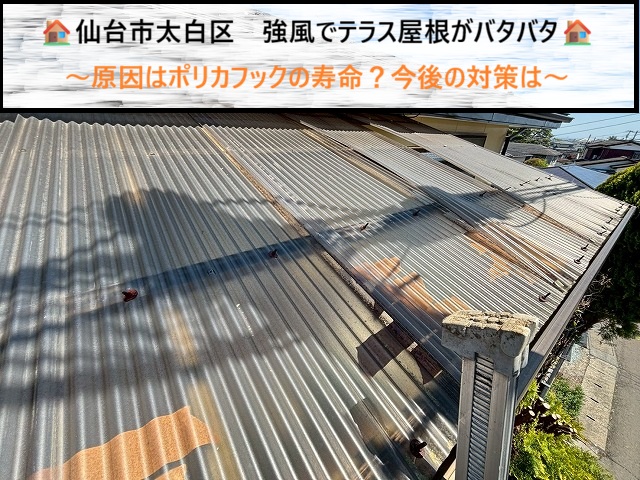 仙台市太白区　強風でテラス屋根がバタバタ！原因はポリカフックの寿命？今後の対策は