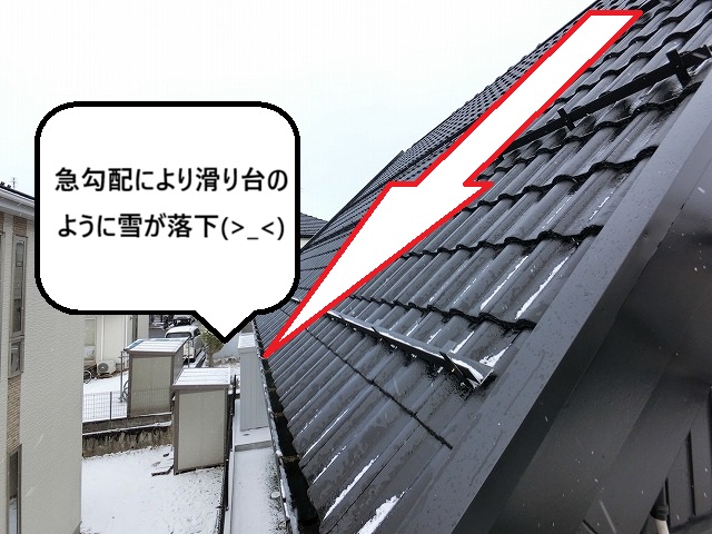 黒川郡大和町　矩勾配屋根から滑り台のように雪が落下