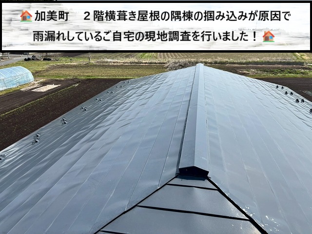 加美町　２階横葺き屋根の隅棟掴み込みが原因で雨漏れしているご自宅の現地調査を実施！