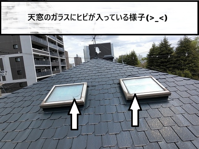 仙台市若林区　天窓のガラスにヒビが入っている様子