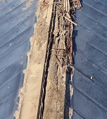 仙台市太白区　棟板金の下地が水分を含んだことによりボロボロになっている様子