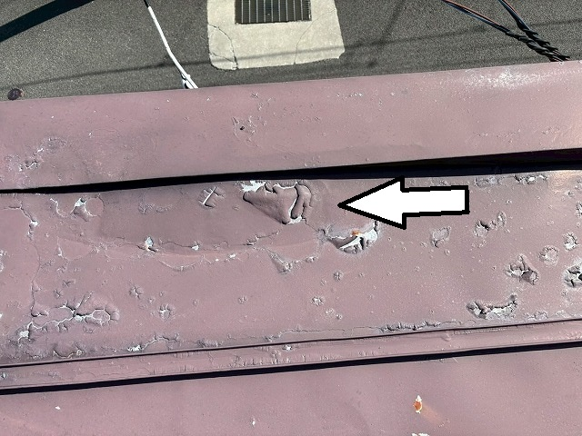 仙台市若林区 屋根の妻側付近に見られた塗膜の膨れ