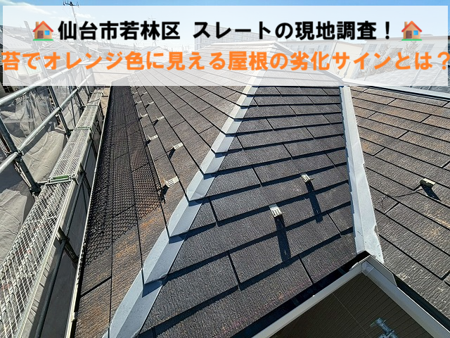 仙台市若林区 スレートの現地調査！苔でオレンジ色に見える屋根の劣化サインとは？