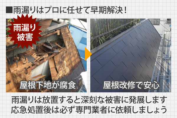 雨漏りは放置すると深刻な被害に発展します 応急処置後は必ず専門業者に依頼しましょう