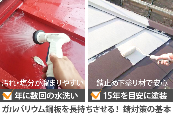 年に数回の水洗い、15年を目安に塗装、ガルバリウム鋼板を長持ちさせる！ 錆対策の基本