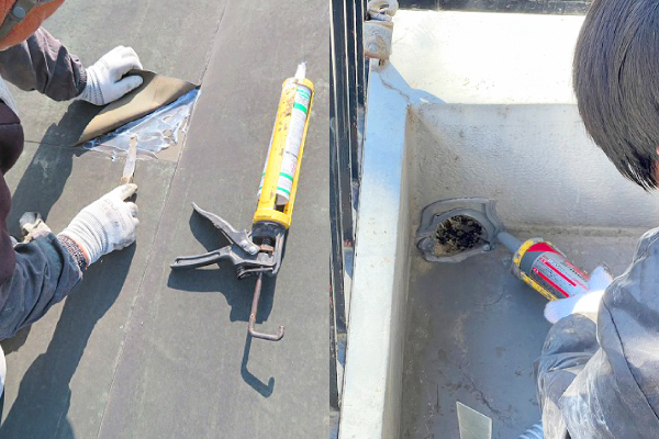 陸屋根の表面や排水溝周りをコーキングで補修