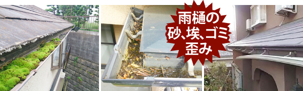 雨樋の砂、埃、ゴミや歪み